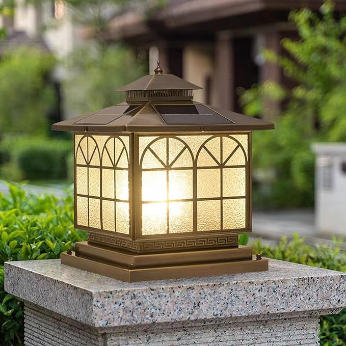 Copper Solar Outdoor Post Lights Vintage Patio Lawn Column Lamp Deck Lights Lantern Fence Lamp Fixture Luxury Landscape Lighting (Solar 12x12in Copper Brown)