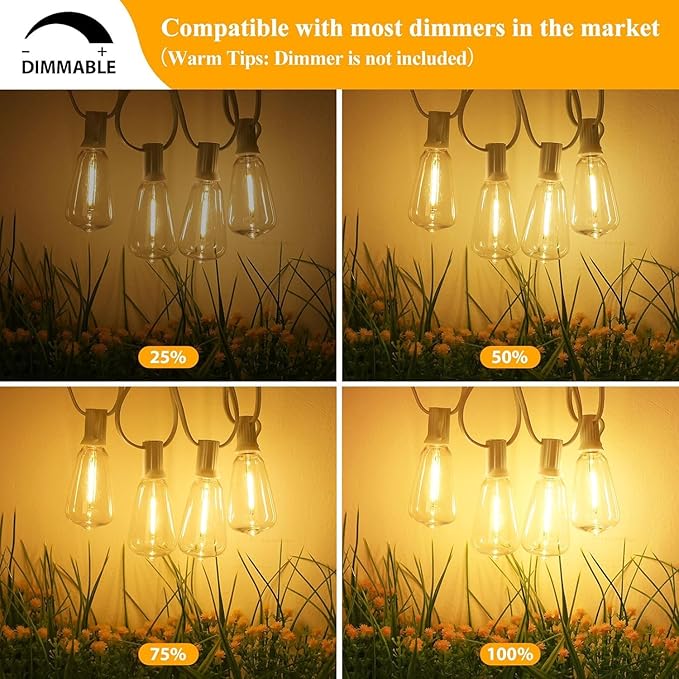 Brightever Outdoor String Light 25 FT ST38 Patio Lights with 13 Edison Bulbs Waterproof Connectable Hanging Lights for Backyard Porch Balcony Party Christmas Decor E12 Socket Base White