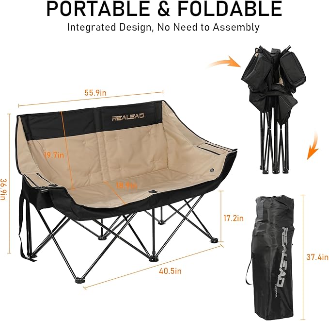 REALEAD Heated Double Camping Chair - Heated Loveseat Camping Chairs for Adults with 3 Heat Levels and 4 Heating Zones - Oversized Heated Chairs Outdoor Sports Supports 650 lbs Battery NOT Included