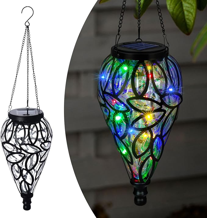 Solar Hanging Lantern Outdoor Lights Tear-Shaped 15 LEDs Multi-Color Hanging Lights with S Hooks Decor in Garden Yard Pathway Front Door and Landscape