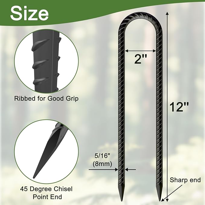 12 Inch U Shaped Trampoline Stakes 8 Pack 5/16 Diameter Heavy Duty Steel Wind Resistant Rebar Stakes Black E-Coated Anti-Rust Ground Stakes for Trampoline Swing Set Bounce House Safety
