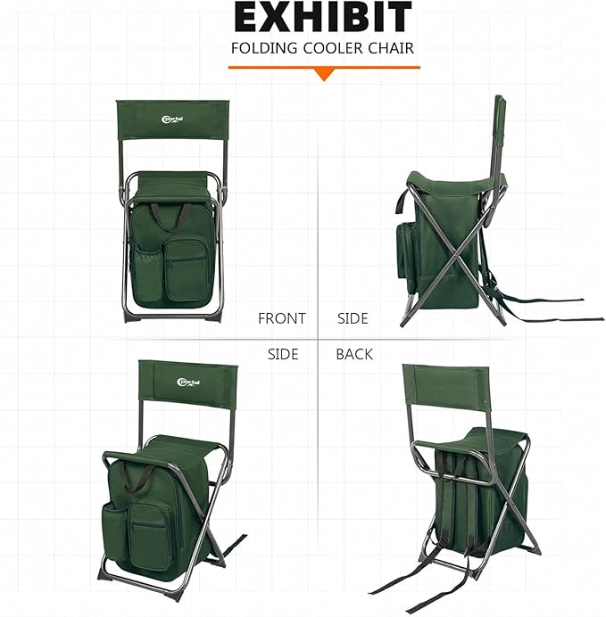 Portal Backpack Cooler Chair Fishing Chairs with Backrest Folding Camping Stool Compact for Outdoors Hiking Hunting Travel Supports 225 lbs Capacity