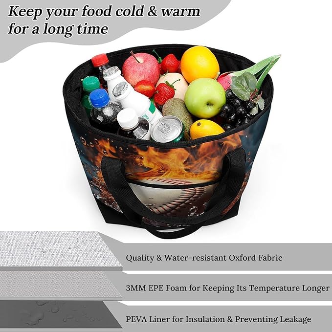 Insulated Shopping BagLarge Reusable Cooler Bags Fire Water Baseball Ball Printed Foldable Shopping BagTravel Waterproof Shoulder Bag