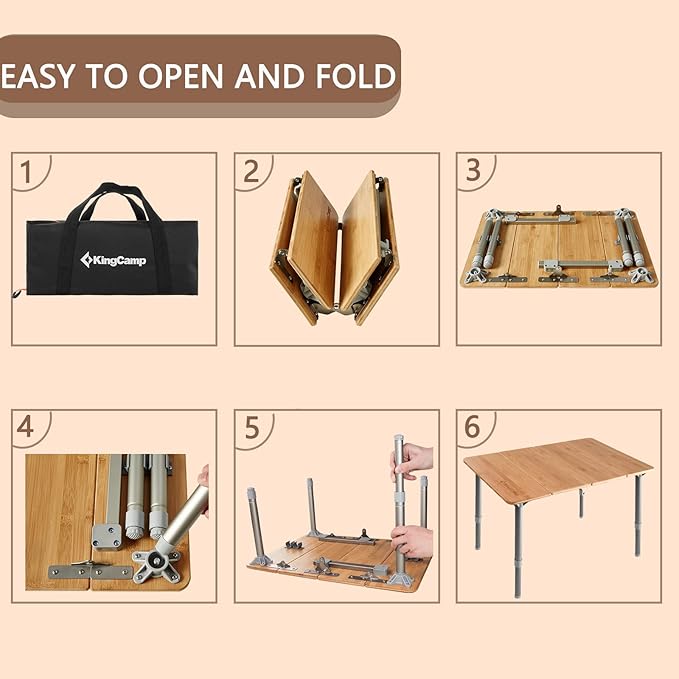 KingCamp Bamboo Adjustable Anti-UV Portable Folding Table Picnic Camping Three Heights2-6 People 23.6x15.7x10.6/15.7in Yellow_23.6x15.7 2 Person