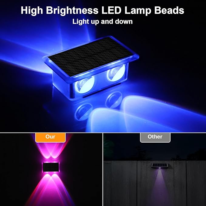 Solar Fence Lights Outdoor New Up Down Lighting Fence Lights Solar Powered with 8 Modes Warm White/RGB IP65 Waterproof Solar Wall Light for Backyard Wall Pathway Deck Patio Decor - 8 Pack