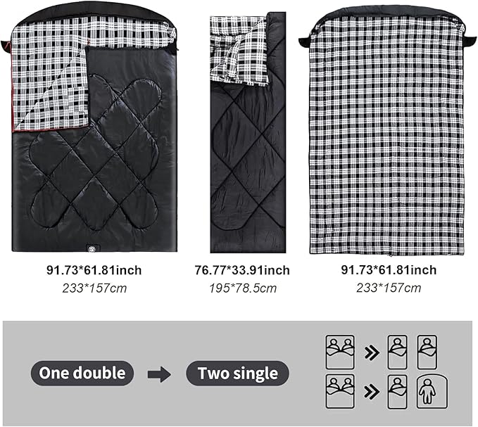 ShinHye Double Sleeping Bag for Adults with 2 Pillows Camping Sleeping Bags Flannel Cotton 2 Person Sleeping Bags XXL Queen Size Sleeping Bag for Cold Weather