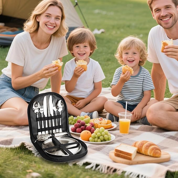 Camping Cutlery Set 12-Piece Stainless Steel with Plates and Case Portable Outdoor Dining Kit Silver
