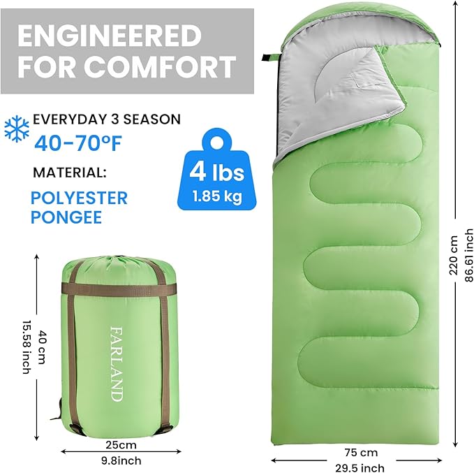 FARLAND Sleeping Bags 30℉ for Adults Teens Kids with Compression Sack Portable and Lightweight for 3-4 Season Camping HikingWaterproof Backpacking and Outdoors