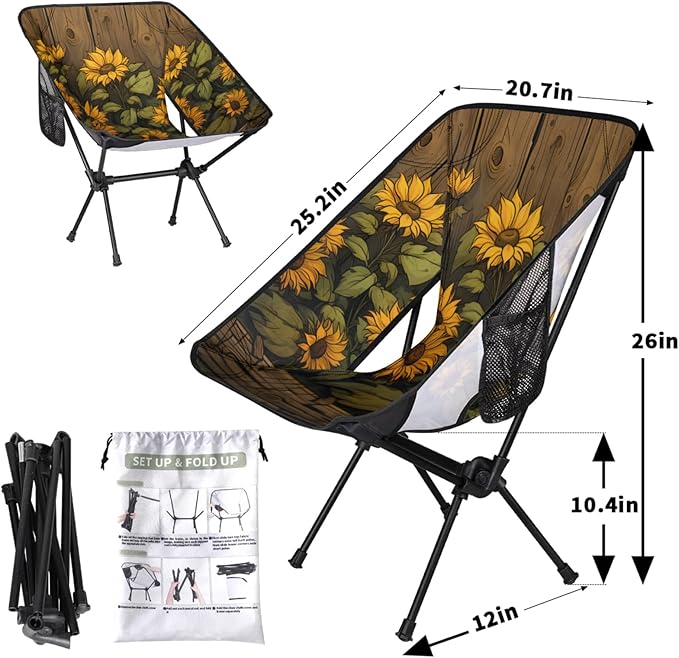 Honeybaby Folding Camping Chair Farmhouse Sunflowers Camping Chairs Lightweight Portable Chair Outdoor Foldable Chairs for Camping Travel Picnic Beach Hiking
