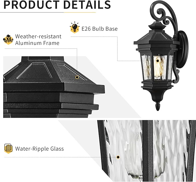 Darkaway Outdoor Wall Light 22.6inch Large Outside Wall Sconce Light Anti-Rust Waterproof Aluminum with Water Ripple Glass for Patio Yard Doorway Garage