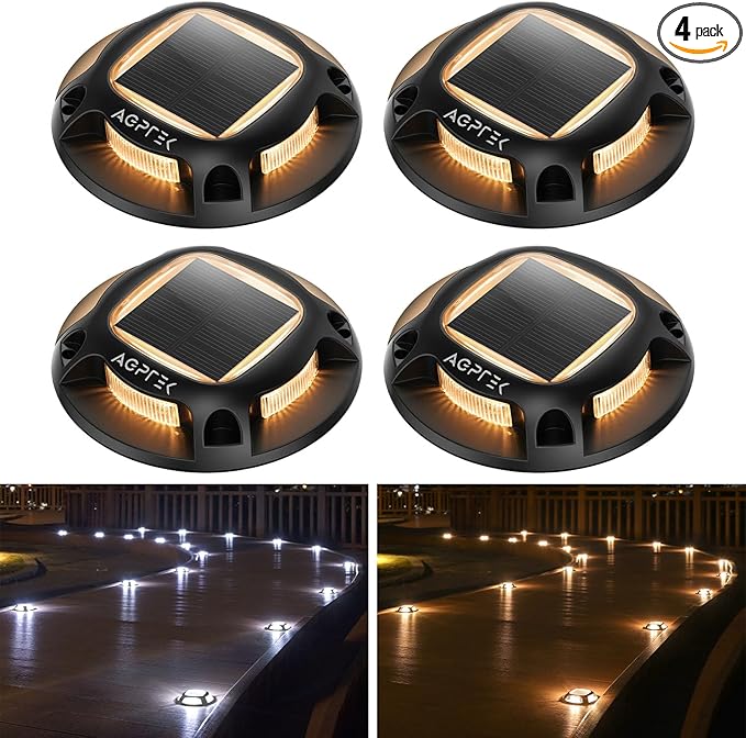 AGPTEK Solar Driveway Lights Outdoor 4 Pack 2 Color Modes LED Deck Dock Marine Waterproof Driveway Marker Lights for Step Sidewalk Stair Garden Pathway Walkway Yard (Warm White/Cool White Black)
