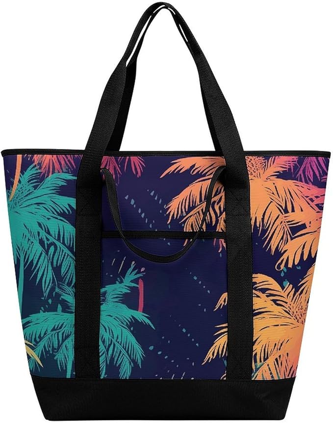 Insulated Shopping BagLarge Reusable Cooler Bags Colorful Palm Trees Printed Foldable Shopping BagTravel Waterproof Shoulder Bag