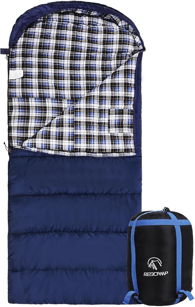 REDCAMP Flannel Sleeping Bag for Adults Comfortable Cotton Sleeping Bags for Camping with Detachable Hood Red/Grey/Blue/Black