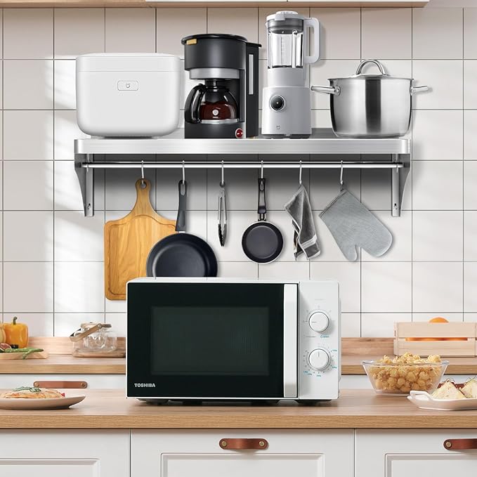 Commercial Stainless Steel Shelf 36 x 12 - 250lb Load Capacity Heavy Duty Stainless Steel Wall Mounted Kitchen Shelf with Backsplash &amp 6 Hooks for Restaurant Laundry