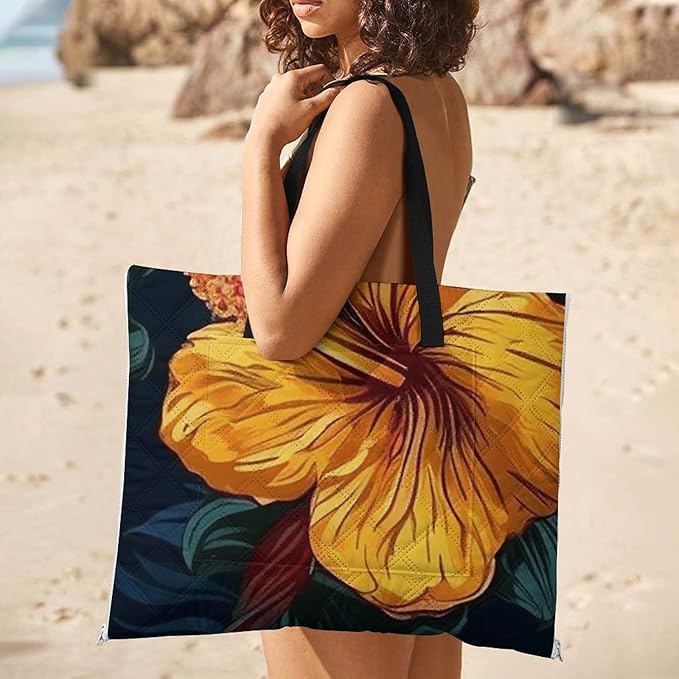Zipper Realistic Hawaiian Flowers Style Picnic Mat Suitable for Travel Camping Park Or Home Use