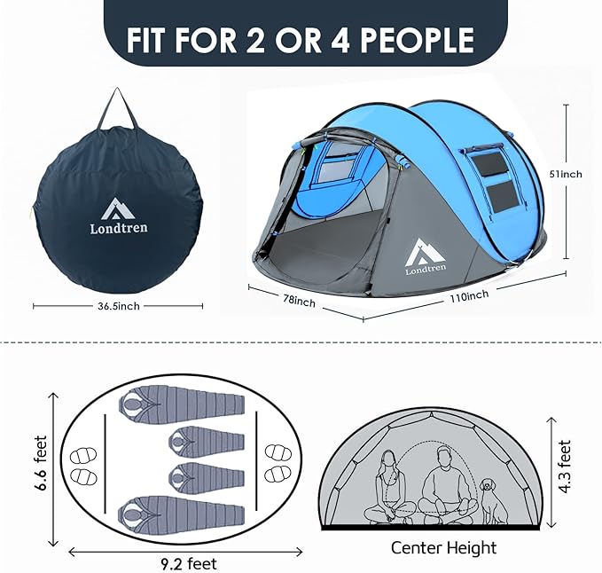 4 Person Easy Pop Up Tent Waterproof Automatic Setup 2 Doors-Instant Family Tents for Camping Hiking &amp Traveling
