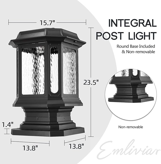 Emliviar Exterior 23.5 Inch Solar Post Light Outdoor Aluminum Post Lamp with Pier Mount Base Integral Black LED Pillar Lantern with Water Ripple Glass XE310P SL BK-SW