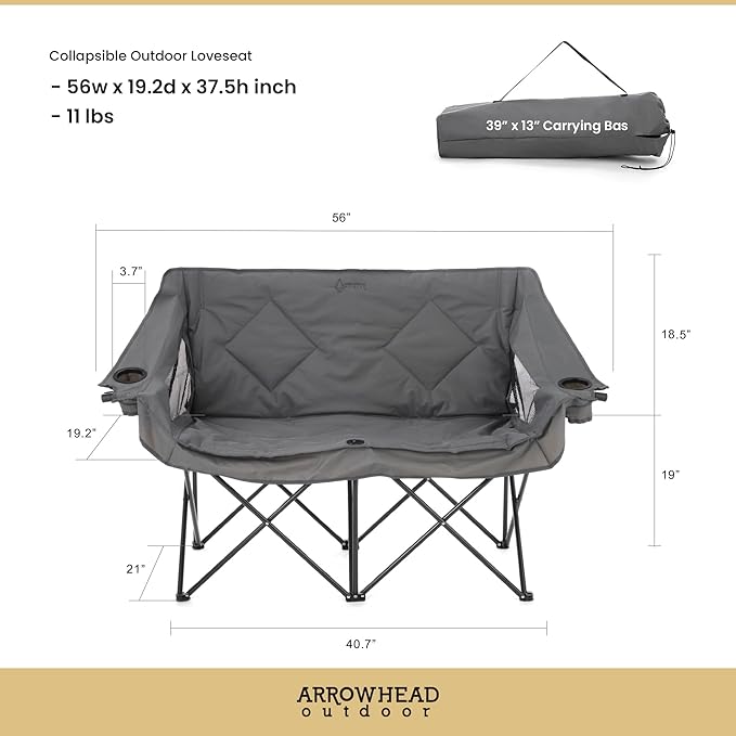 ARROWHEAD OUTDOOR 2-Pack Portable Folding Camp Loveseat Chair w/Glass &amp Cup Holders Heavy Duty Carry Bag 650 lbs Weight Capacity