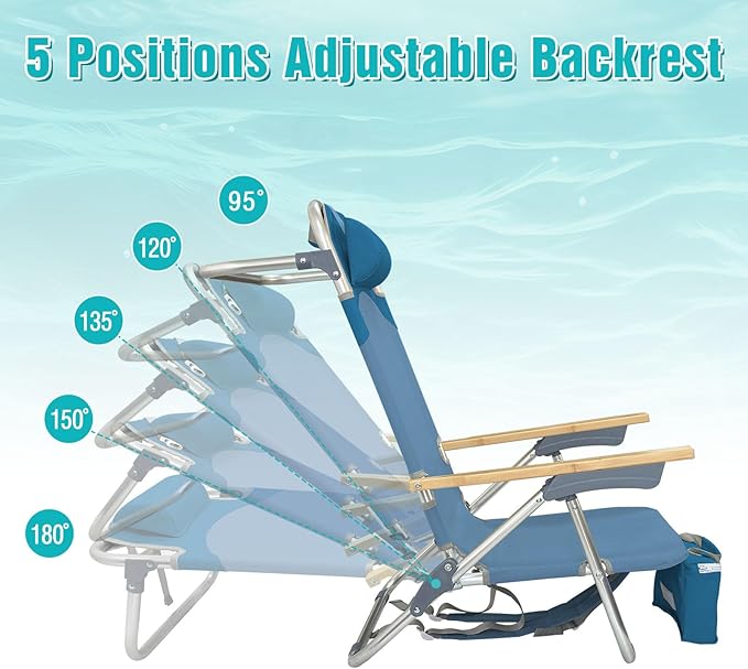 Folding Backpack Beach Chair for Adults &amp Teens Aluminum 5-Position Lay Flat Lounge Chair with Camping Bamboo Table 200LBS Beach Reclining Chair Outdoor with Cooler Bag Blue