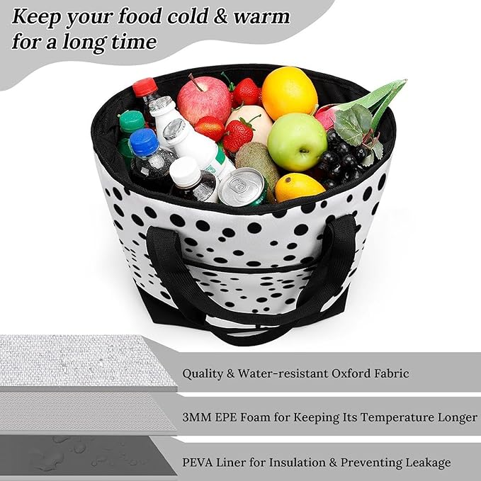 Insulated Shopping BagLarge Reusable Cooler Bags Black And White Polka Dot Printed Foldable Shopping BagTravel Waterproof Shoulder Bag