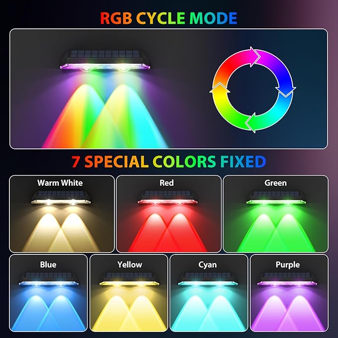 Solar Fence Lights RGB &amp Warm White &amp 6 Colors Bright Lens LED Dusk to Dawn Deck Light Fence Solar Lights Outdoor Waterproof Solar Outdoor Lights for Backyard/Railing/Wall/Step/Patio/Pool (