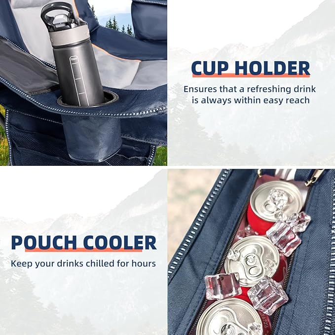 Oversized Camping Chairs with Cooler Bag &amp Cup Holder - Set of 2 Heavy-Duty 500lbs Folding Chairs (Steel Frame Padded Seat Blue &amp Gray)