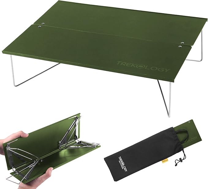 TREKOLOGY Compact Mini Camping Table – Portable Ultralight Folding Design – Small Lightweight Surface for Hiking Backpacking Beach or Nightstand Use – Collapsible Outdoor Gear (Green)