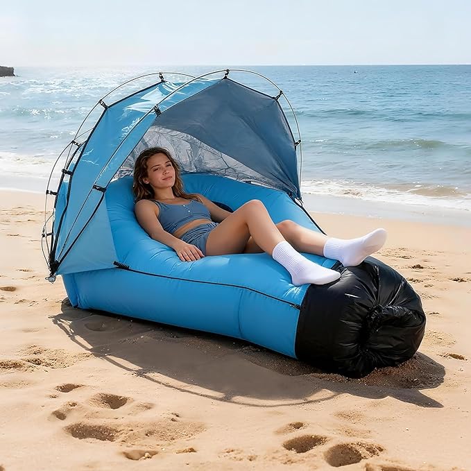 Portable Inflatable Sofa Tent Inflatable Lounger Air Couch with Sun-Shade Waterproof Inflatable Bed for Yard Outdoor Camping Hiking (Blue)