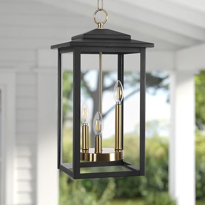 LamQee Large Outdoor Pendant Lights 3-Lights Black and Gold Outdoor Chandelier Lighting Fixture Modern Exterior Ceiling Hanging Lantern with Glass for Porch Front Door Patio Gazebo Entryway Foyer