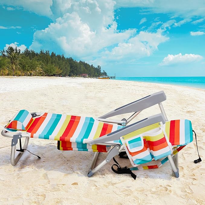 Low Beach Chairs for Adults 5-Position Reclining Backpack Beach Chair with Cooler &amp Storage Pouch Portable Lightweight Folding Aluminum Beach Chair with Cup Holder Supports 220lbs Rainbow Stri