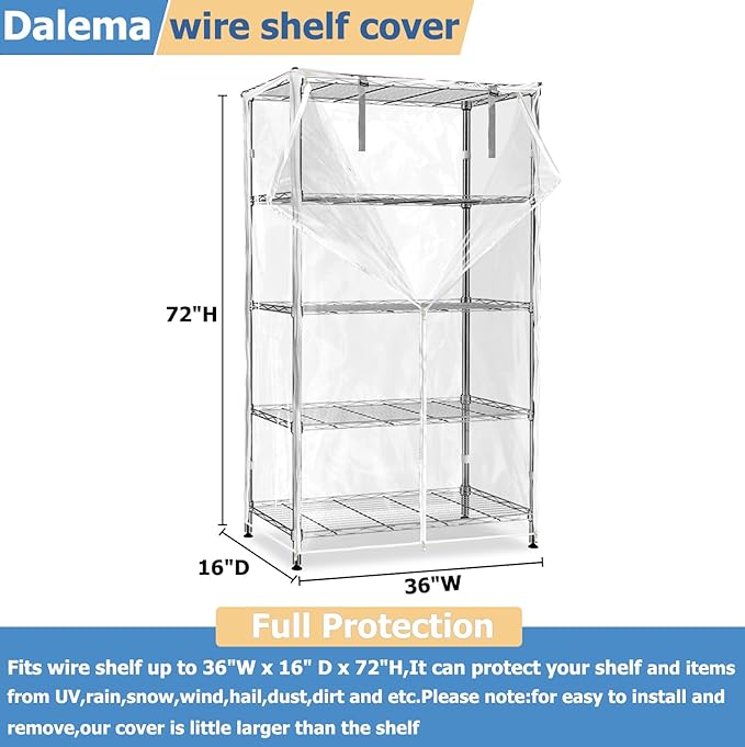 Waterproof Shelf CoverDurable Dustproof Storage Wire Rack CoversOutdoor Shelving Covers for Wire Shelves with Zipper 36''x16''x72''ClearCover Only