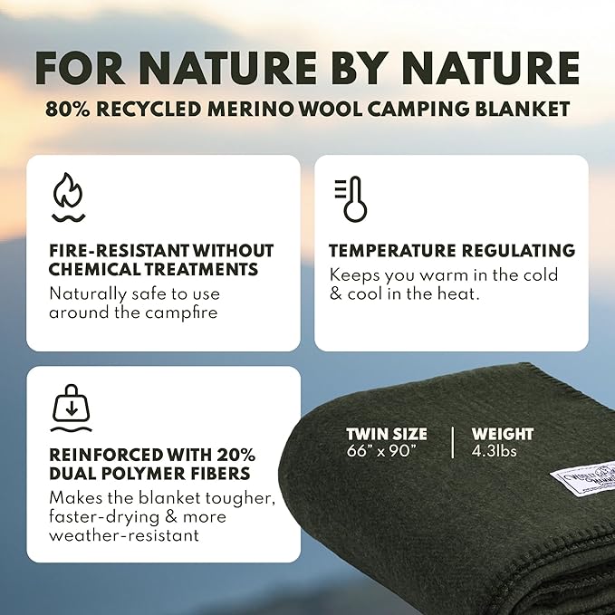 Woolly Mammoth Woolen Company Merino Wool Blanket - 80% Merino Wool - Camping Blankets for Cold Weather - Mositure-Wicking for Overlanding Hunting Emergency Kits Bushcraft (66 x 90 Moss)