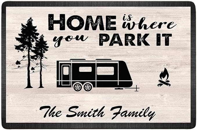 Personalized Campsite Doormat - Home is Where You Park It - Custom Family Name Camping Door Mat RV Accessories for Inside Outside Funny Campsite Rugs Decorations for Travel Trailers 16 x 24 inches