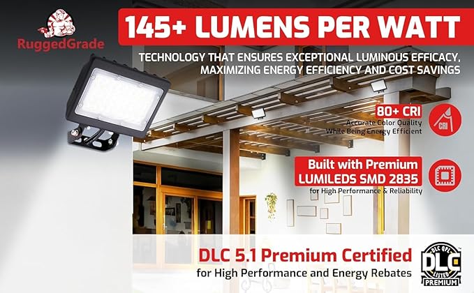 RuggedGrade 120W LED Flood Light - Kivo II CS Series - 17400 Lumens - Color Selectable 3000K/4000K/5000K - Flood Mount with Photocell - Outdoor LED Fixture - DLC 5.1 Premium