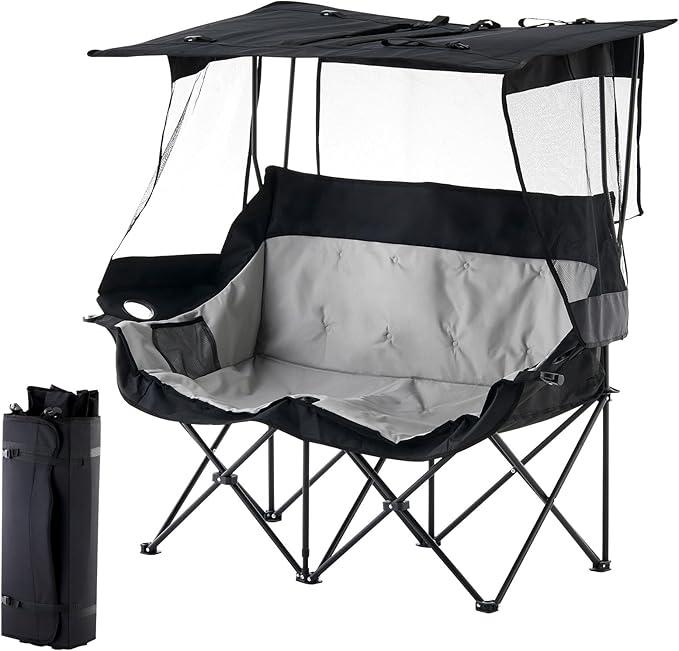 Outdoor Folding Chair with Umbrella Camping Chairs Loveseat Double Oversized Outdoor Chair with Cup Holder&ampCanopy Shade for BBQ Beach Fishing Easy Fold and Carry (Black+Grey)