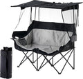Outdoor Folding Chair with Umbrella Camping Chairs Loveseat Double Oversized Outdoor Chair with Cup Holder&ampCanopy Shade for BBQ Beach Fishing Easy Fold and Carry (Black+Grey)