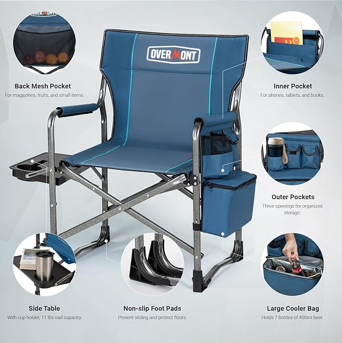 Overmont Oversized Lightweight Camping Chair - Portable Comfortable Heavy Duty Foldable Directors Chairs with Side Table &amp Cooler Bag for Outside Camp Beach Picnic Lawn and Fishing Supports 400lbs