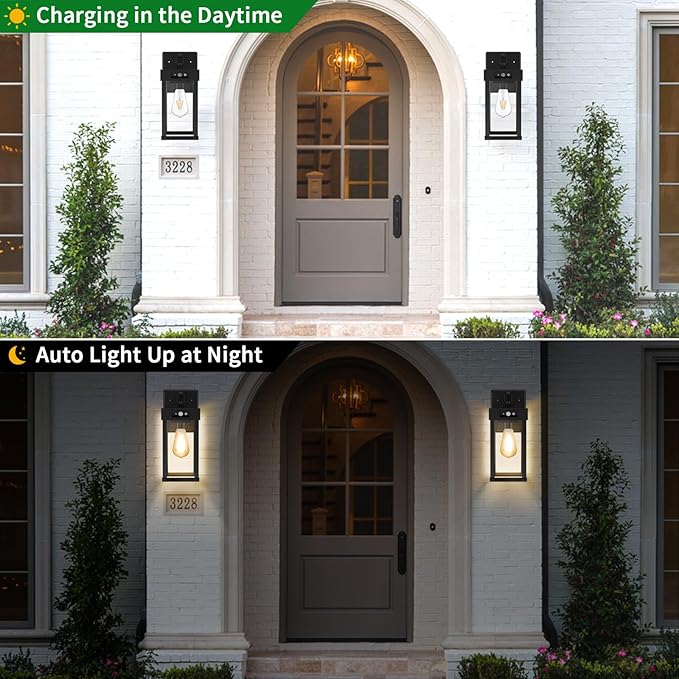 Auzev Outdoor Solar Wall Lights Fixtures Exterior Solar Lantern Lights With Clear Panel Motion Sensor 3Lighting Modes Modern Sconce Waterproof Outside Lamp for House Garage (Black-1P)