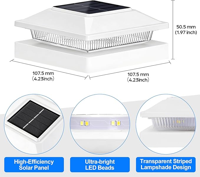 Brightever 4x4 Solar Post Cap Lights Outdoor 12-Pack Solar Fence Post Lights Fit Vinyl/Wood Posts 2 Modes(Warm/Cool White) Solar Powered Waterproof Deck Post Lights for Garden Patio Porch White