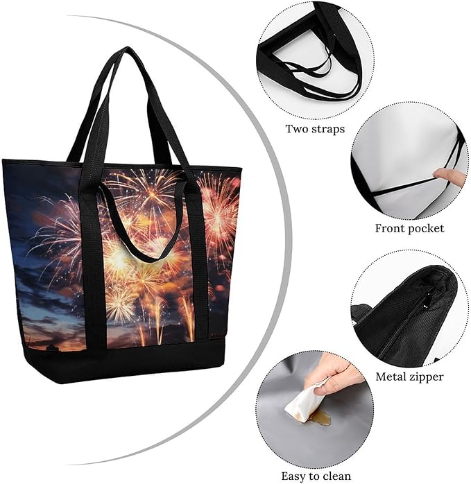 Insulated Shopping BagLarge Reusable Cooler Bags Beautiful Fireworks Printed Foldable Shopping BagTravel Waterproof Shoulder Bag
