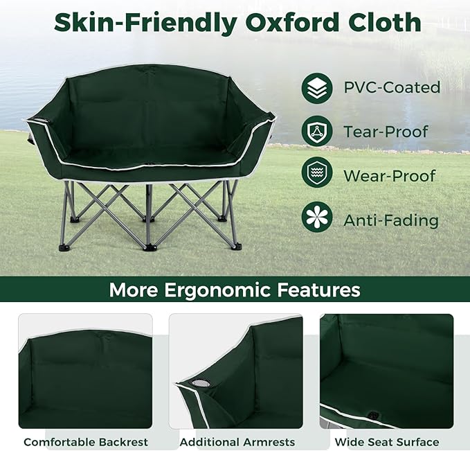 Tangkula 2 Person Camping Chair Portable Oversized Outdoor Folding Camp Chair Loveseat with Padded Seat Cup Holder Carry Bag Heavy Duty Lawn Chair for Beach Fishing Travel (2-PersonGreen)