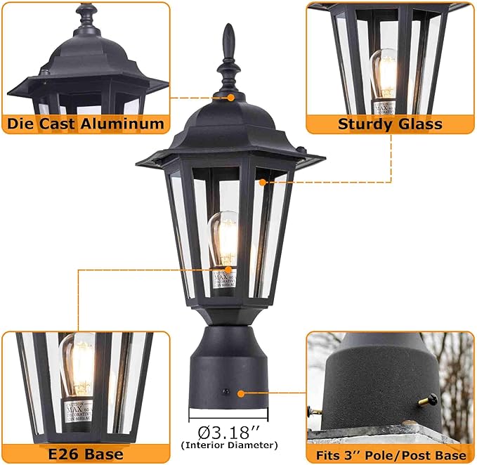 LIT-PaTH 16 Inch Outdoor Lamp Post Light Fixture Exterior Pole Lantern with Clear Glass Hardwired Aluminum Post Lighting for Driveway Garden Yard Matte Black 2-Pack