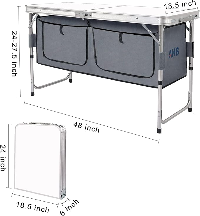 AHB Folding Camping Picnic Table with Storage Organizer Portable Foldable Aluminum Lightweight Adjustable Camp Table for Outdoor Camping