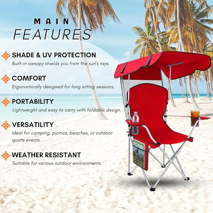 Portable Folding Camping Chairs with Canopy Shade Beach Chair for Adults Durable Weather Resistant 600D Oxford Cloth Camping Chair with Canopy for Outdoors [Red]