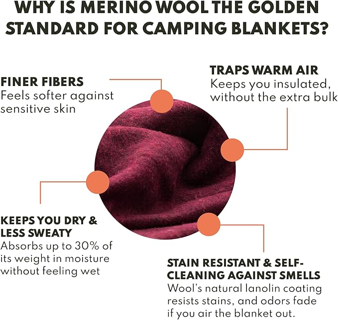 Woolly Mammoth Woolen Company Merino Wool Blanket - Temperature-regulating and Mositure-Wicking - 80% Wool Blanket - for Outdoor Camping Backpacking and Hunting (66 x 90 Mulberry)