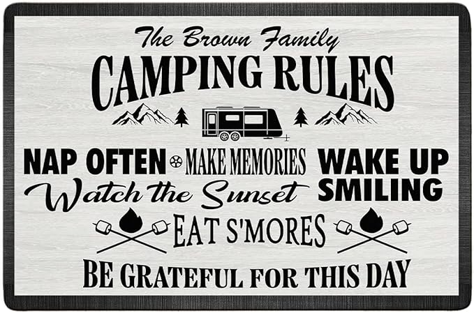 Personalized Camping Rules Welcome Doormat - Custom Family Name and RV Door Mat Accessories for Inside Outside Funny Campsite Decorations Travel Trailers Style 02 16 x 24 inches