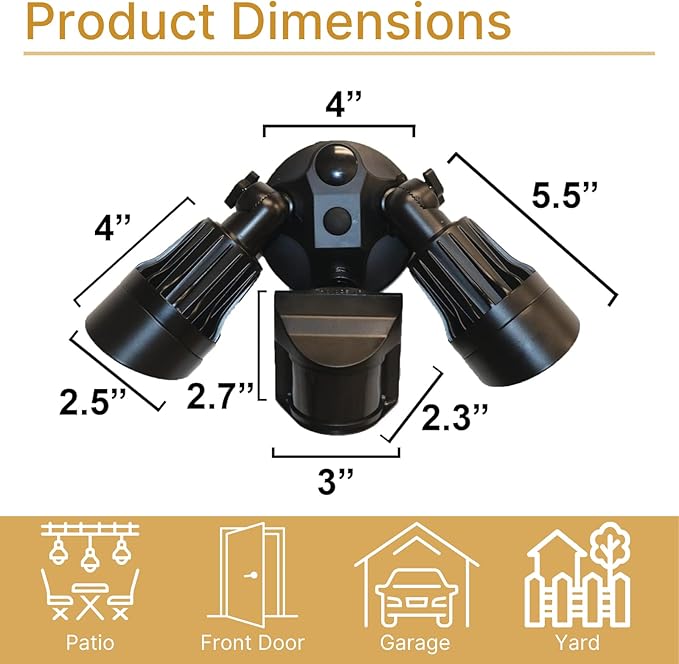 LED Black Motion Sensor 2-Light Bullet Flood Light- 3000K Adjustable Dual Head Outdoor Security Light Dusk to Dawn Waterproof Hardwired Spotlight for Yard Patio Garage Landscape