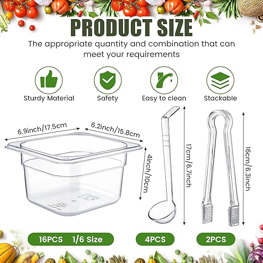 Rtteri 22 Pcs 1/6 Size Clear Plastic Pans Set: 16 Food Prep Containers &amp 2 Tongs &amp 4 Spoons for Salad Bar Buffet Restaurant Hotel Commercial Home for Fruit Vegetable Sauce Bean Corn Deli(4 Inc