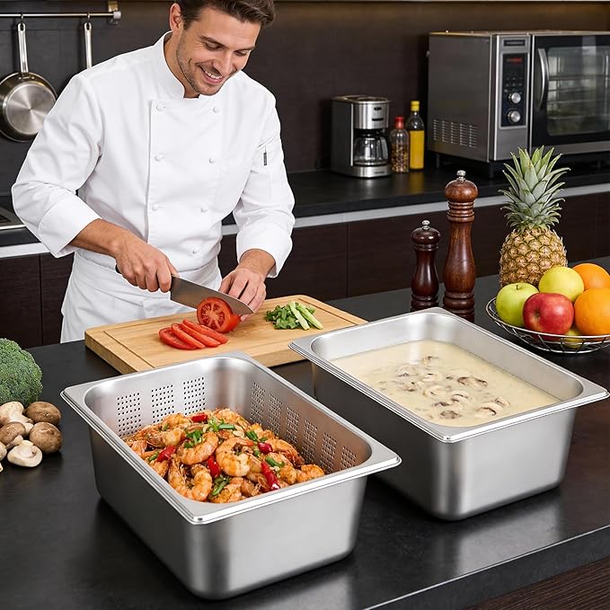 Dyna-Living 3 Pack Full Size 6 Inch 8 Inch Hotel Pan Perforated Steam Table Pans with Lid Stainless Steel Chafing Dish Pans Commercial Food Pan for Catering Buffet Hotel Home Restaurant Supplies