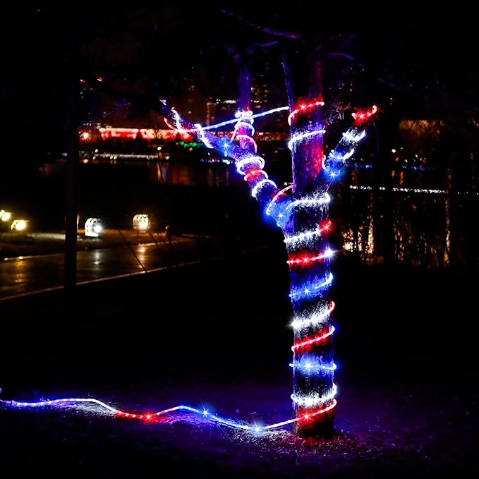 50ft 360 LED Waterproof Rope Lights 110V Connectable Indoor Outdoor Led Rope Lights for Deck Patio Pool Camping Bedroom Decor Landscape Lighting and More (RED+White+Blue)